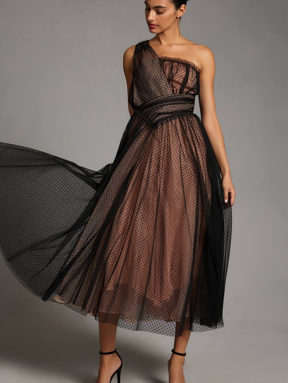 Anthropologie Tulle Swiss Dot One Shoulder A-Line Midi Dress Formal Black 14